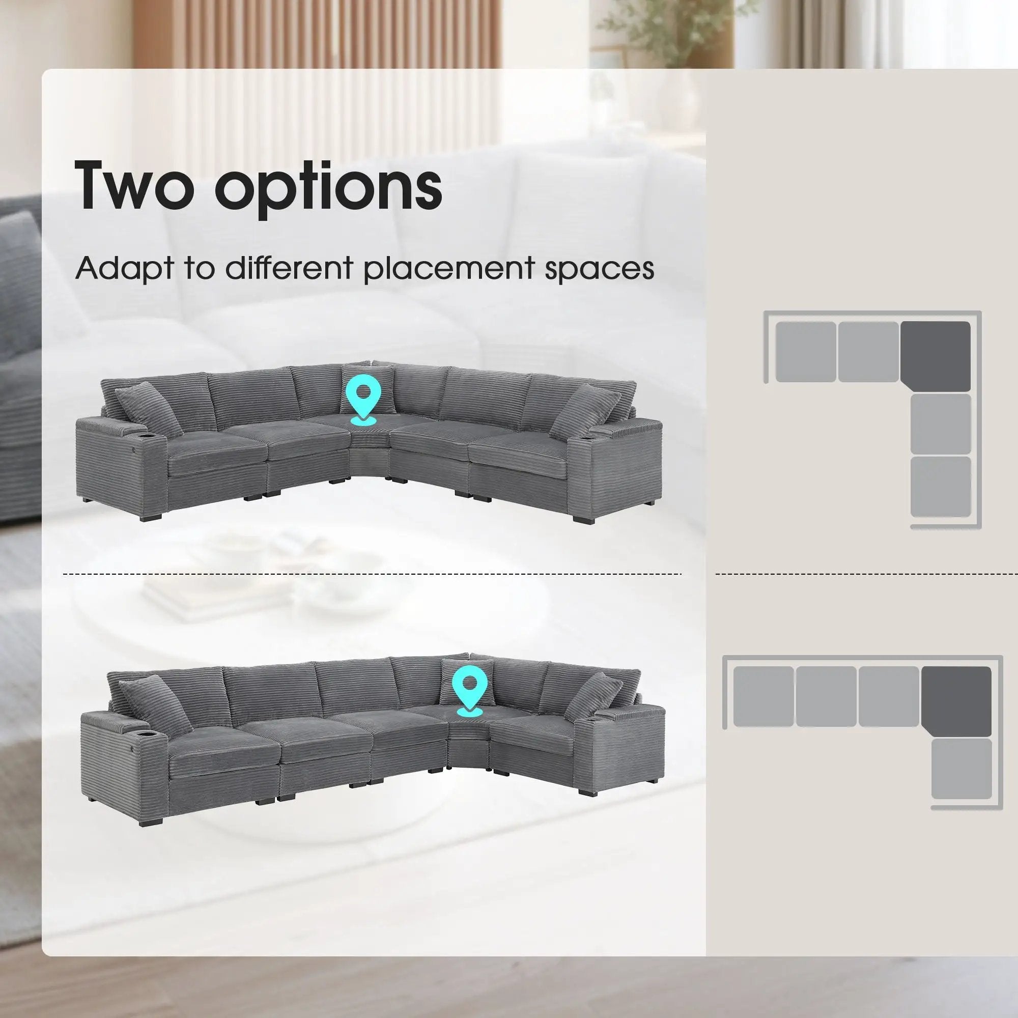 Convertible L Shaped Sectional Corner Couch With Armrest Storage Cup Holders USB Charger, Irregular Corner Oversized Comfy Modular Sofa by HouseOfZazla