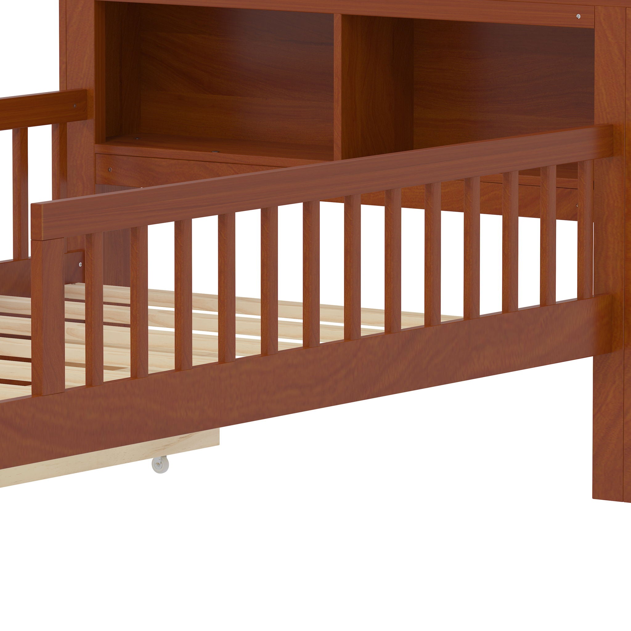 Bed With Headboard Storage Rack, 2 Under Bed Drawers, 3 Side Guardrails For Safety by HouseOfZazla