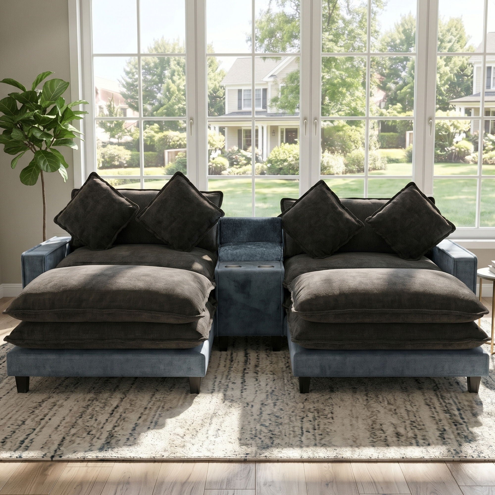 Sectional Sofa With Removable Ottomans, USB Ports, Cup Holders & Storage - Gray / Light Blue by HouseOfZazla