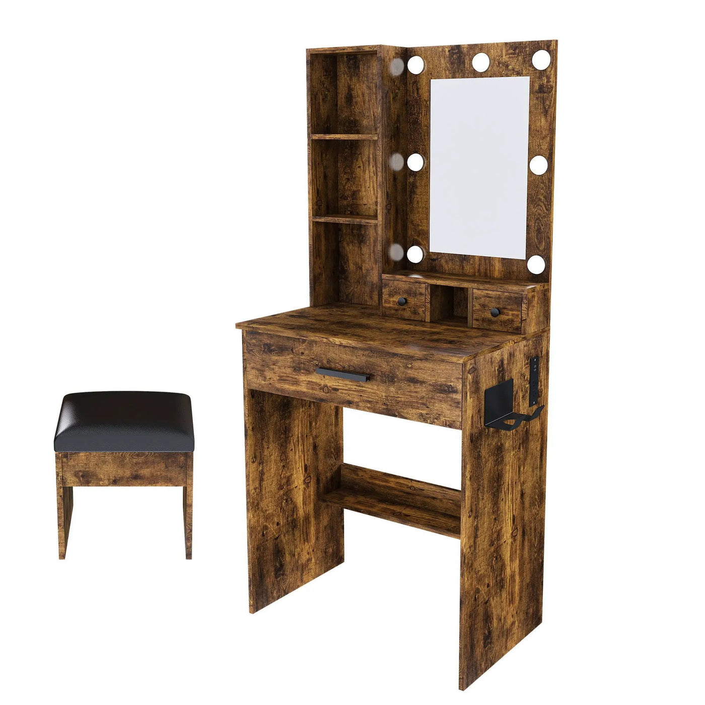 Vanity Table With Mirror, Adjustable LED Lights, Power Outlet, Hairdryer Holder & Stool by Unique Piece Furniture
