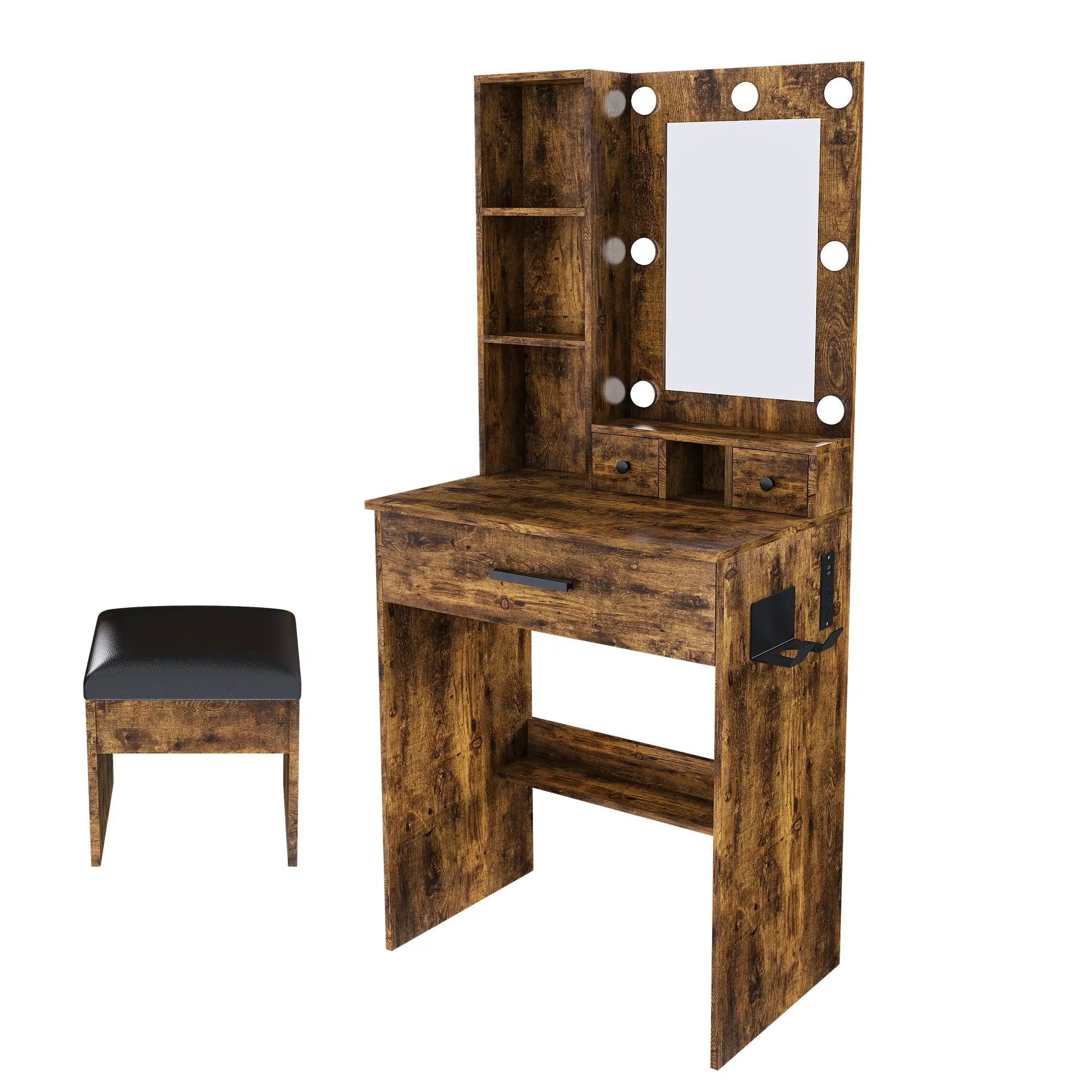 Vanity Table With Mirror, Adjustable LED Lights, Power Outlet, Hairdryer Holder & Stool by Unique Piece Furniture