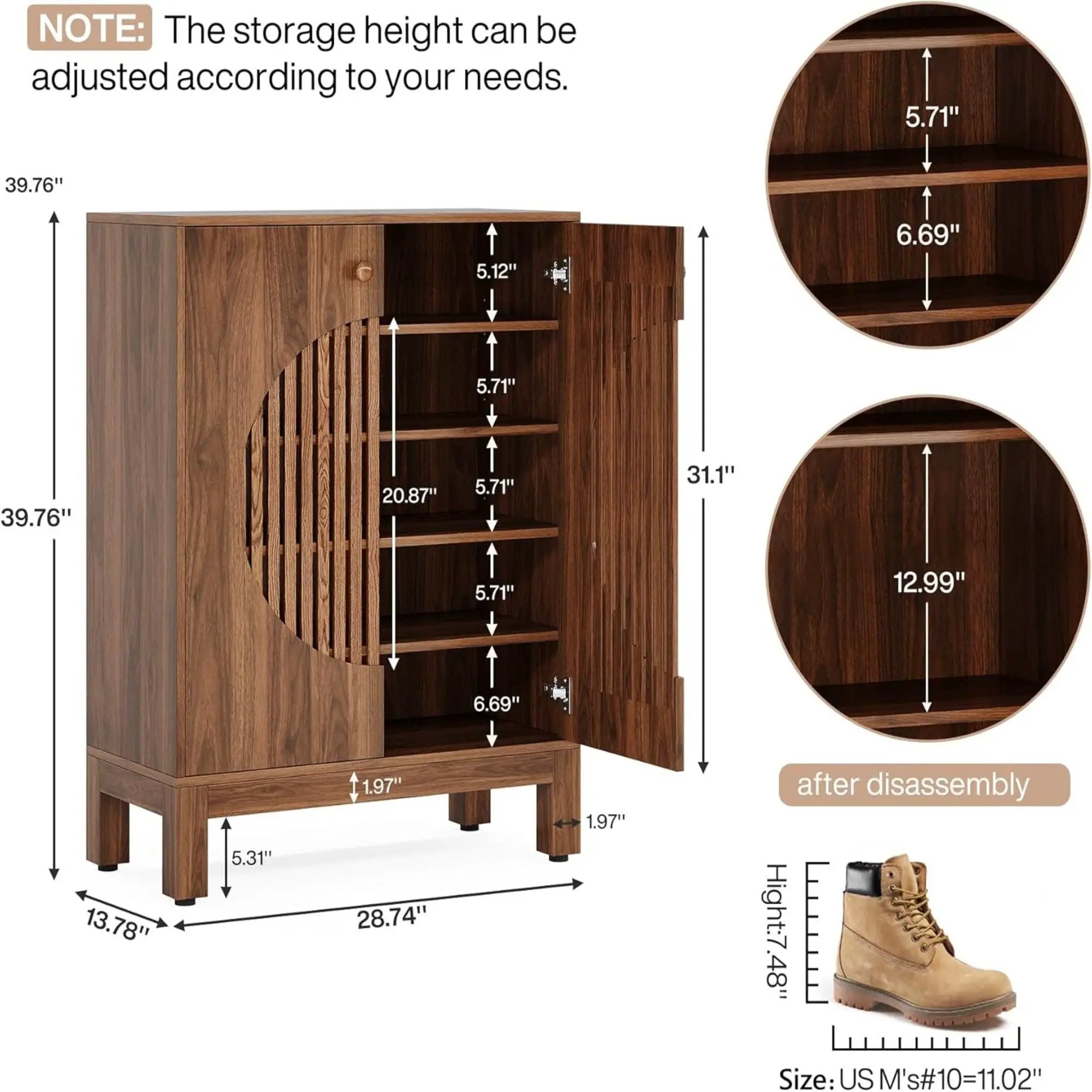 5 Tier Shoe Cabinet With Round Louvered Doors, Storage Organizer - Brown by HouseOfZazla