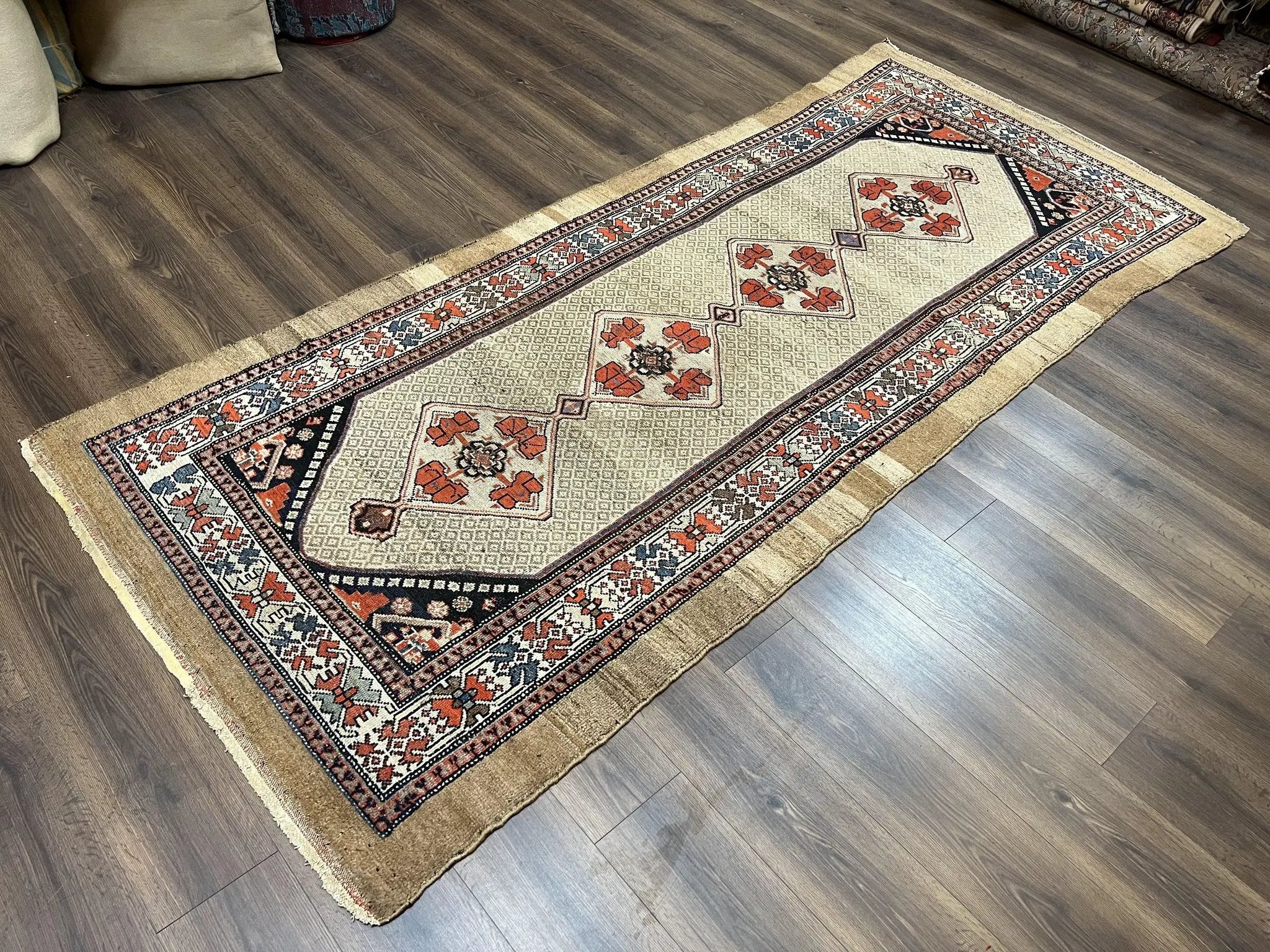 Rare Persian Sarab Tribal Runner Rug 4 x 10, Antique, Geometric Medallions, Camel Hair Runner by Jewel Rugs
