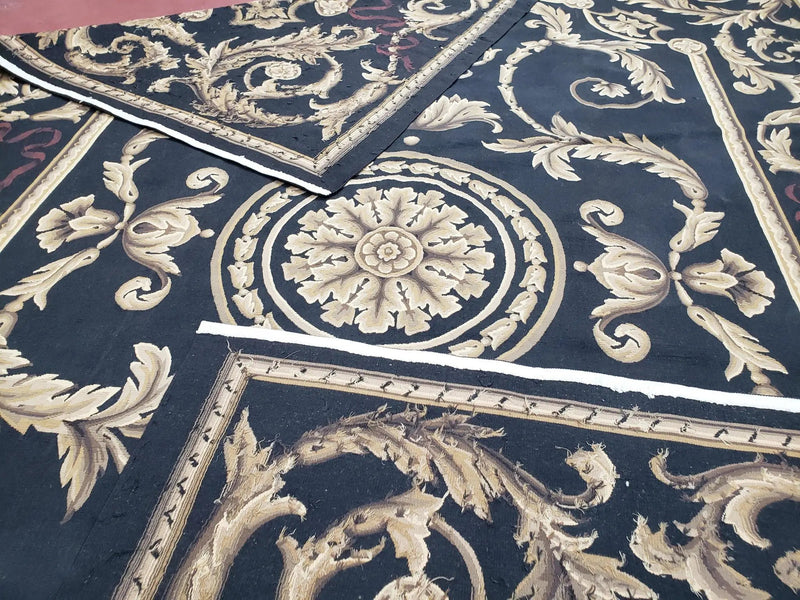 Black and Tan Aubusson Rug, 10 x 14 Aubusson Carpet, New Aubusson Rug, Elegant, Wool, Handmade Area Rug, Flatweave Rug, Large Aubusson Rug by Jewel Rugs