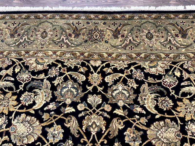 Indo Persian Rug 8x10, Black and Green, Wool, Handmade, Traditional, Floral Allover, Vintage by Jewel Rugs