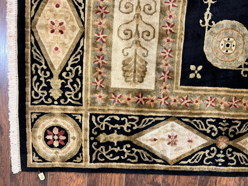 Tibetan Rug 8x10, Nepali Area Rug, Soft New Zealand Wool Carpet 8 x 10 ft, Black Tan Beige, Vintage Handmade Rug, French Aubusson Pattern by Jewel Rugs