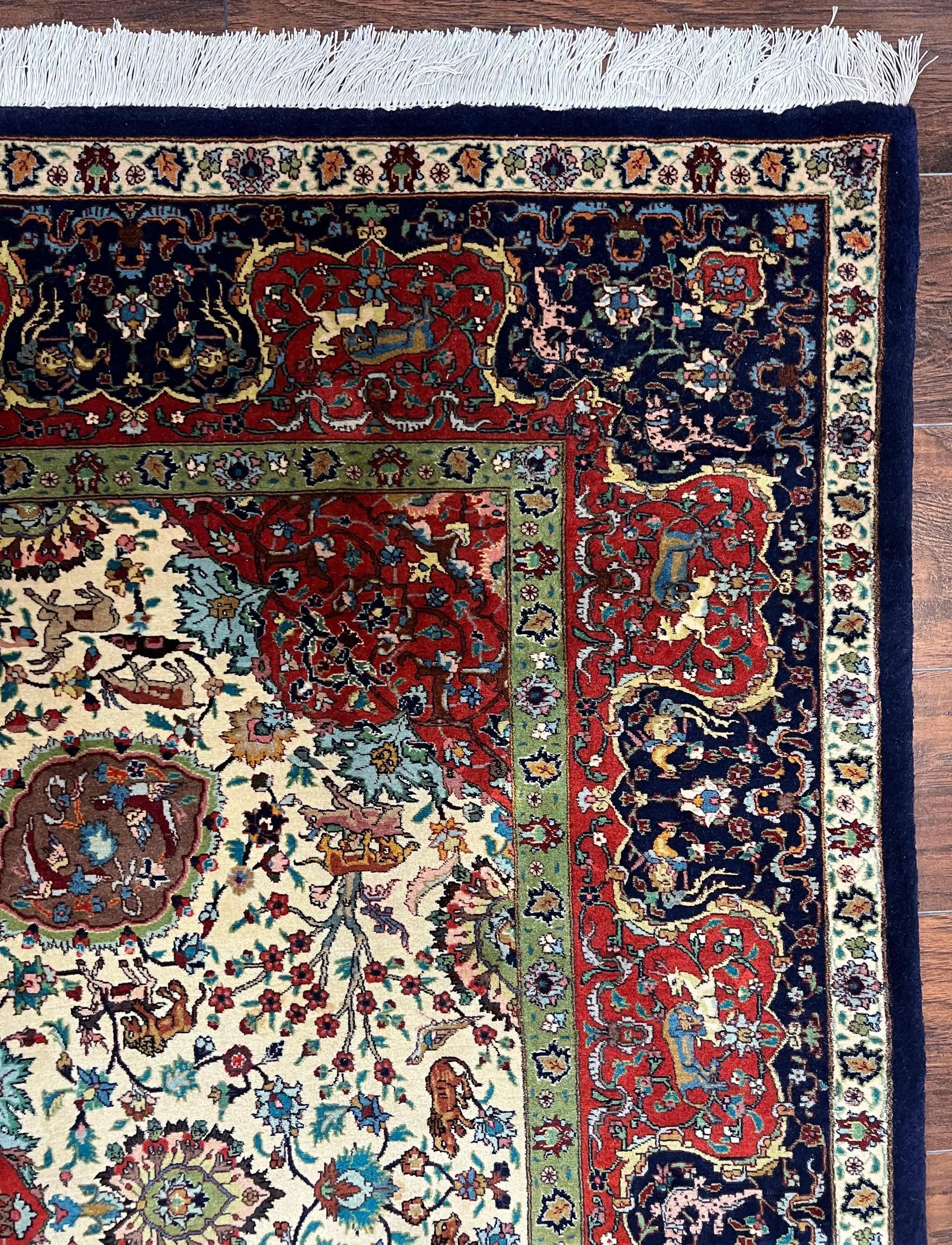 Wonderful Sino Persian Rug 6x10 with Animal Pictorial Motifs, Cream Dark Red Navy Blue, Birds Gazelles, Two Medallions, Top Quality Handmade by Jewel Rugs