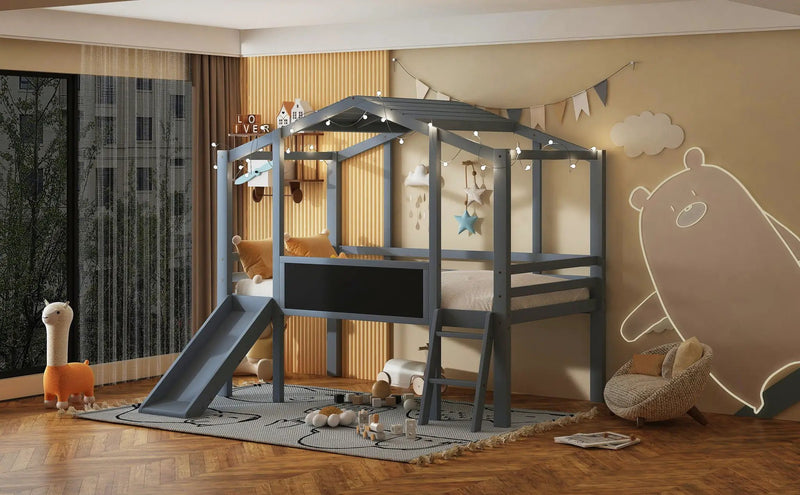 Loft House Bed With Ladder And Slide, With board And Light Strip On The Roof by HouseOfZazla