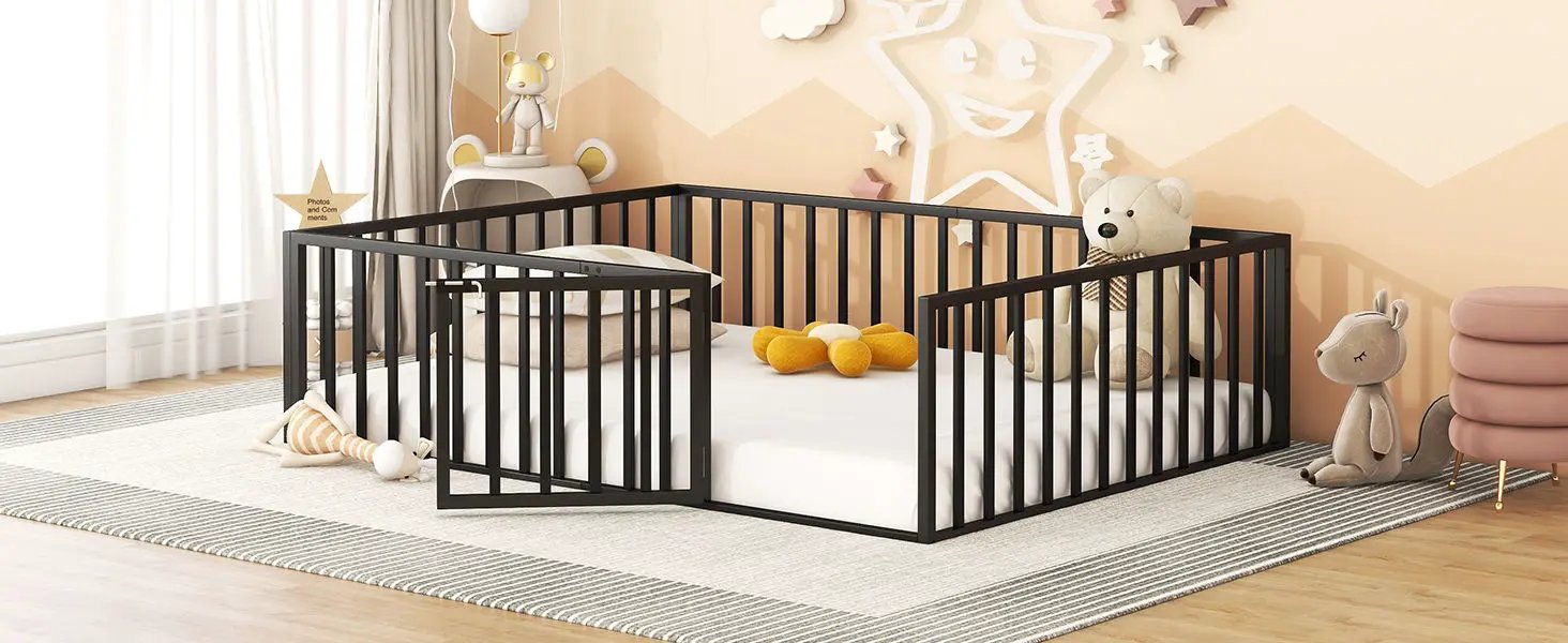 Metal Floor Bed Frame With Fence And Door by HouseOfZazla
