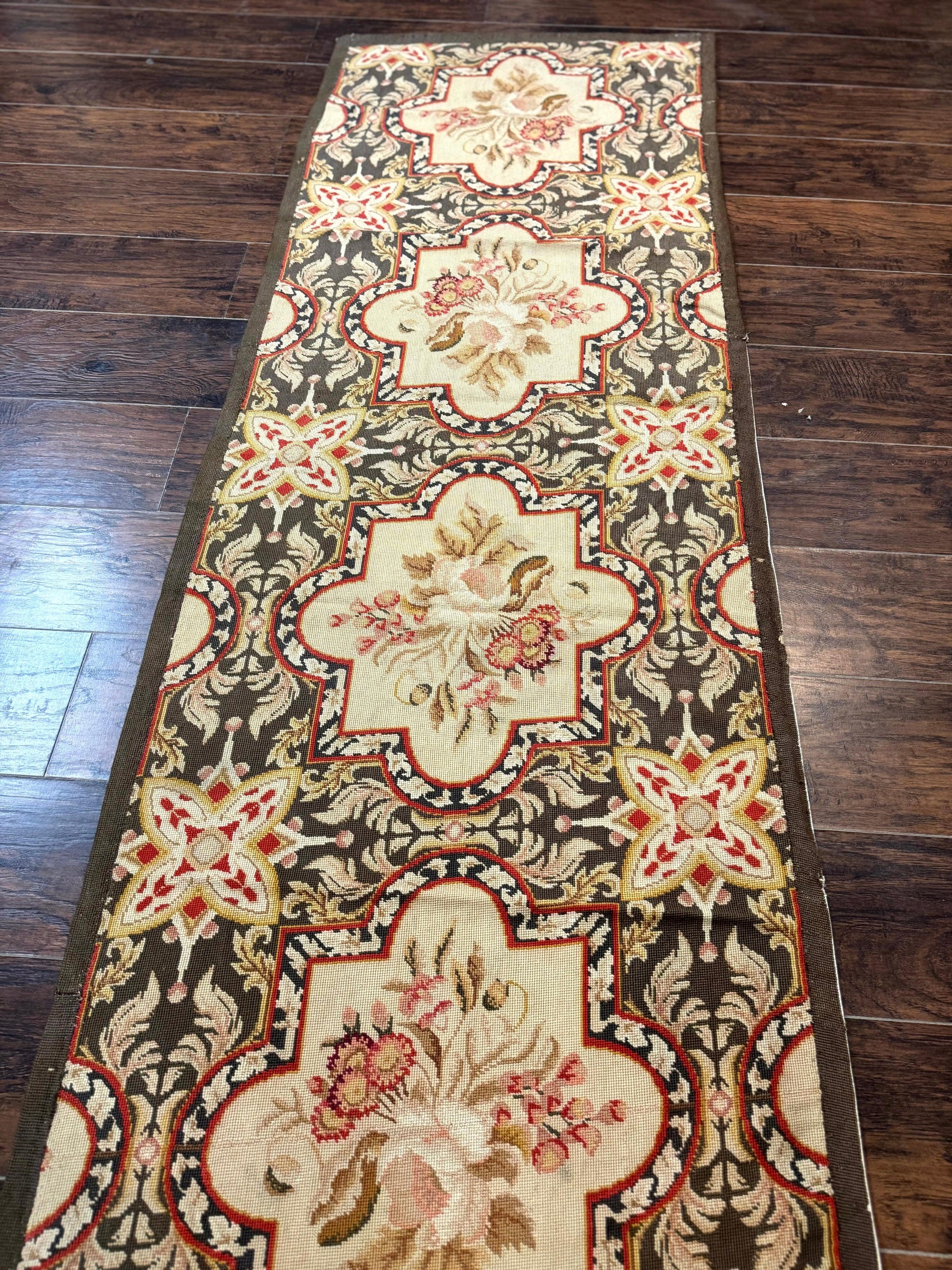 Needlepoint Runner Rug 2.7 x 9.7, European French Design, Wool, Handmade, Vintage by Jewel Rugs