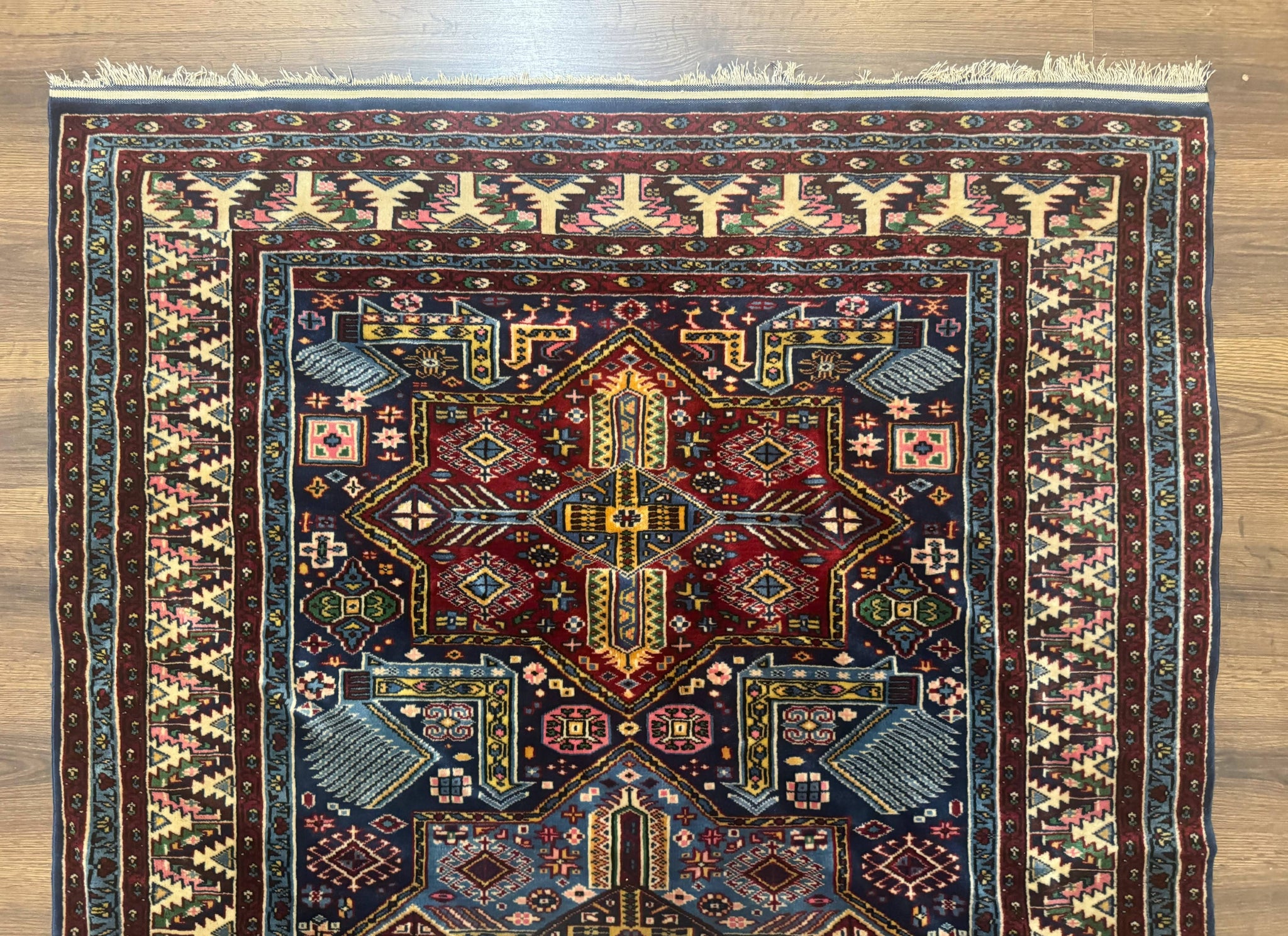 Indian Rug with Caucasian Design, 4x6 Geometric Carpet, Navy Blue and Cream by Jewel Rugs
