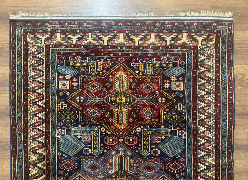Indian Rug with Caucasian Design, 4x6 Geometric Carpet, Navy Blue and Cream by Jewel Rugs
