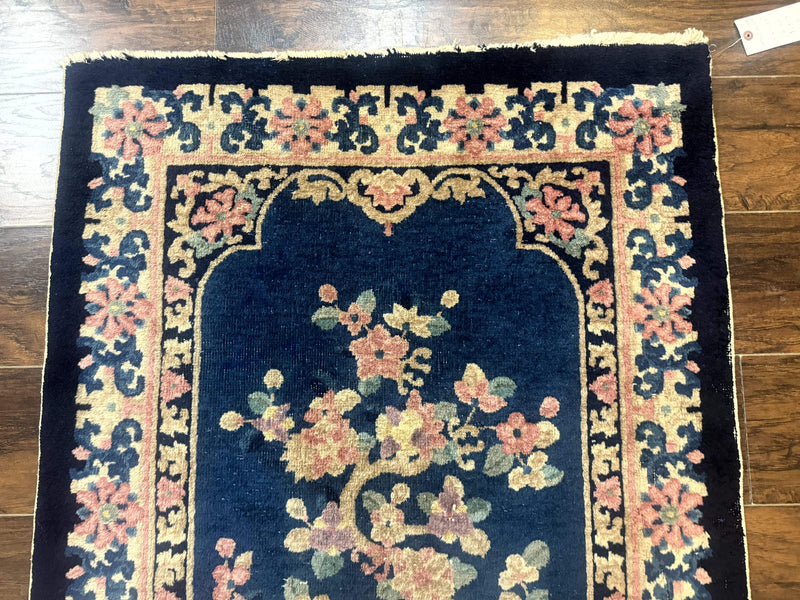 Blue and Beige Chinese Wool Rug 3x6, Chinese Fete Rug, Peking Rug, Antique Chinese Carpet by Jewel Rugs