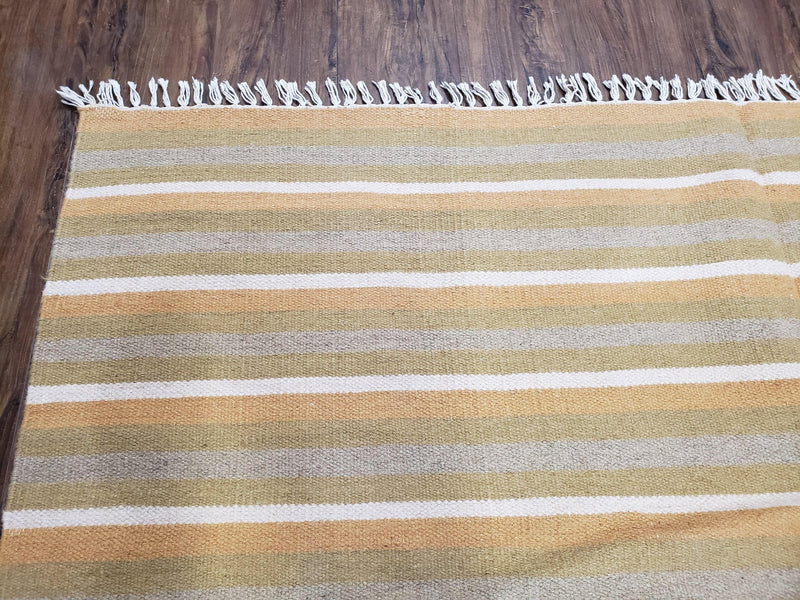 New Indian Kilim Area Rug, 6x8 - 7x8 South American Style Blanket, Striped Indian Wool Hand-Woven Flat Weave 6x9 Bedroom Rug, Ivory Ochre by Jewel Rugs