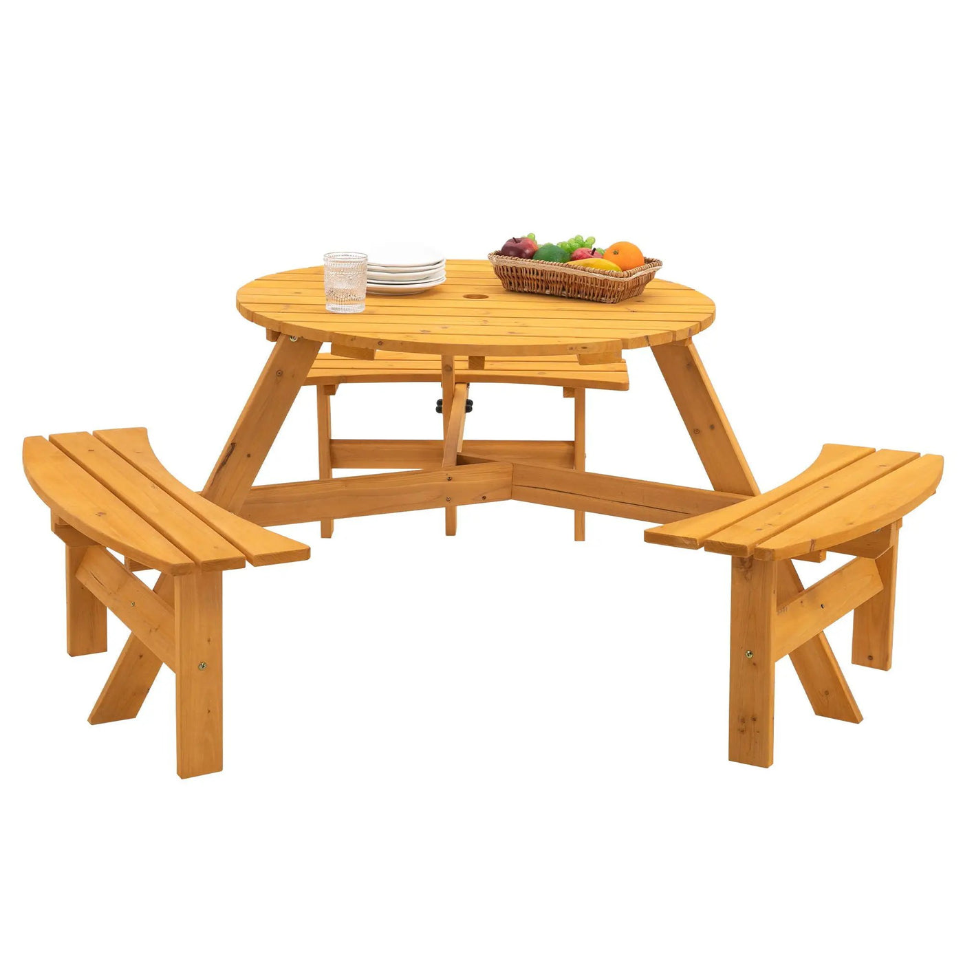 6 Person Circular Outdoor Wooden Picnic Table For Patio, Backyard, Garden, Diy With 3 Built-In Benches, 1720Lb Capacity by Unique Piece Furniture