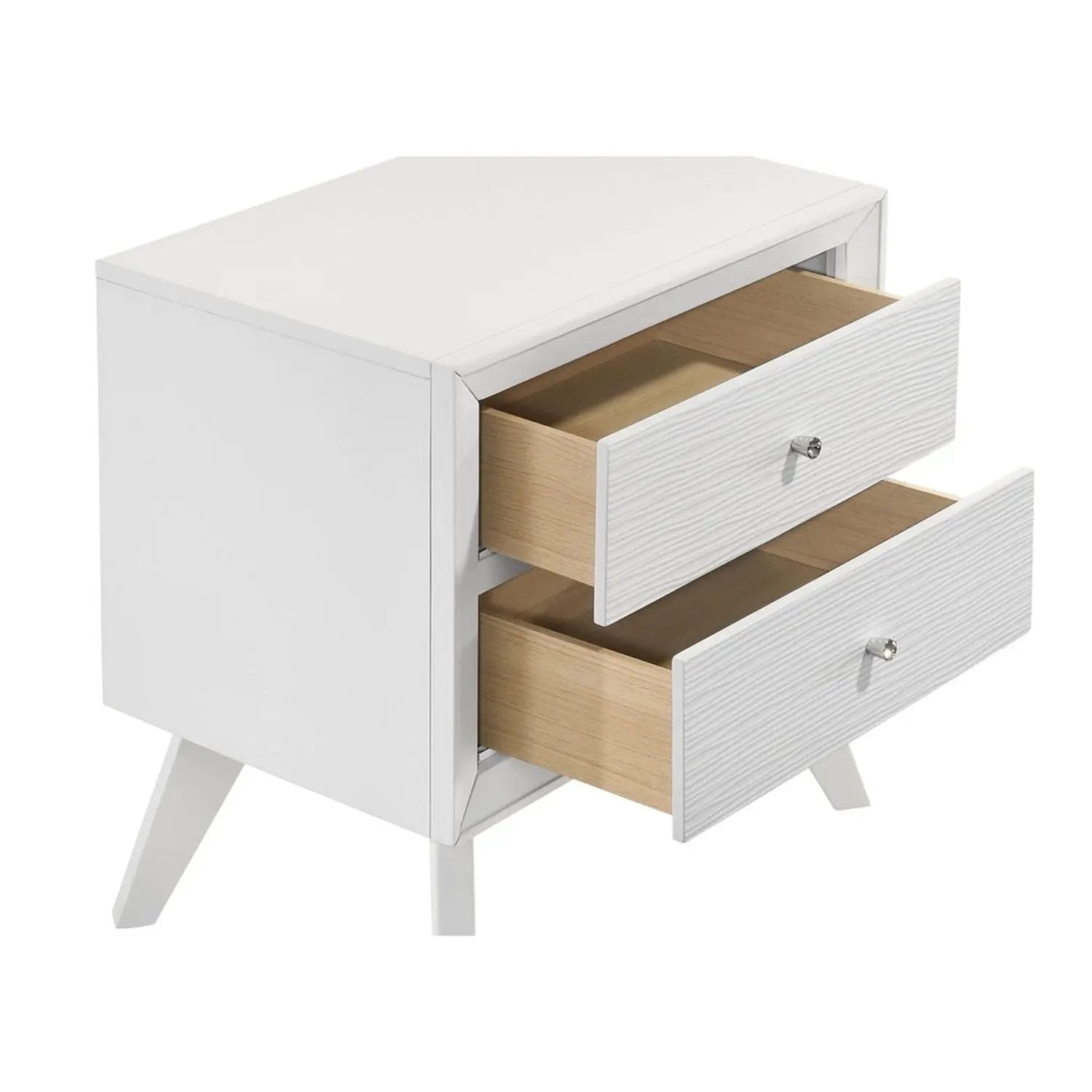 Nightstand With Angled Legs, Round Knobs, Wave Texture, 2 Drawer Bedside Table - White by Unique Piece Furniture