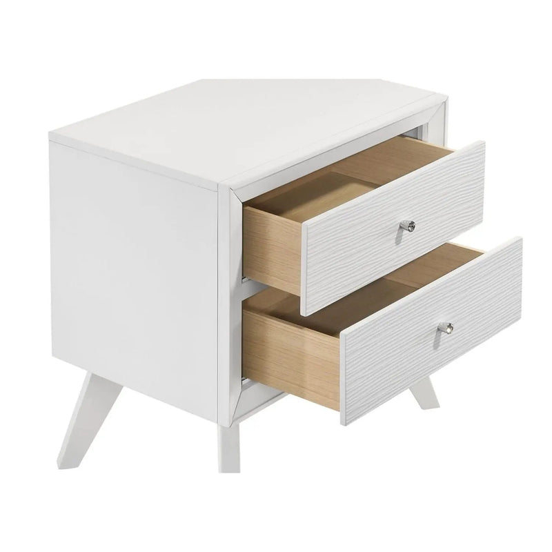 Nightstand With Angled Legs, Round Knobs, Wave Texture, 2 Drawer Bedside Table - White by Unique Piece Furniture