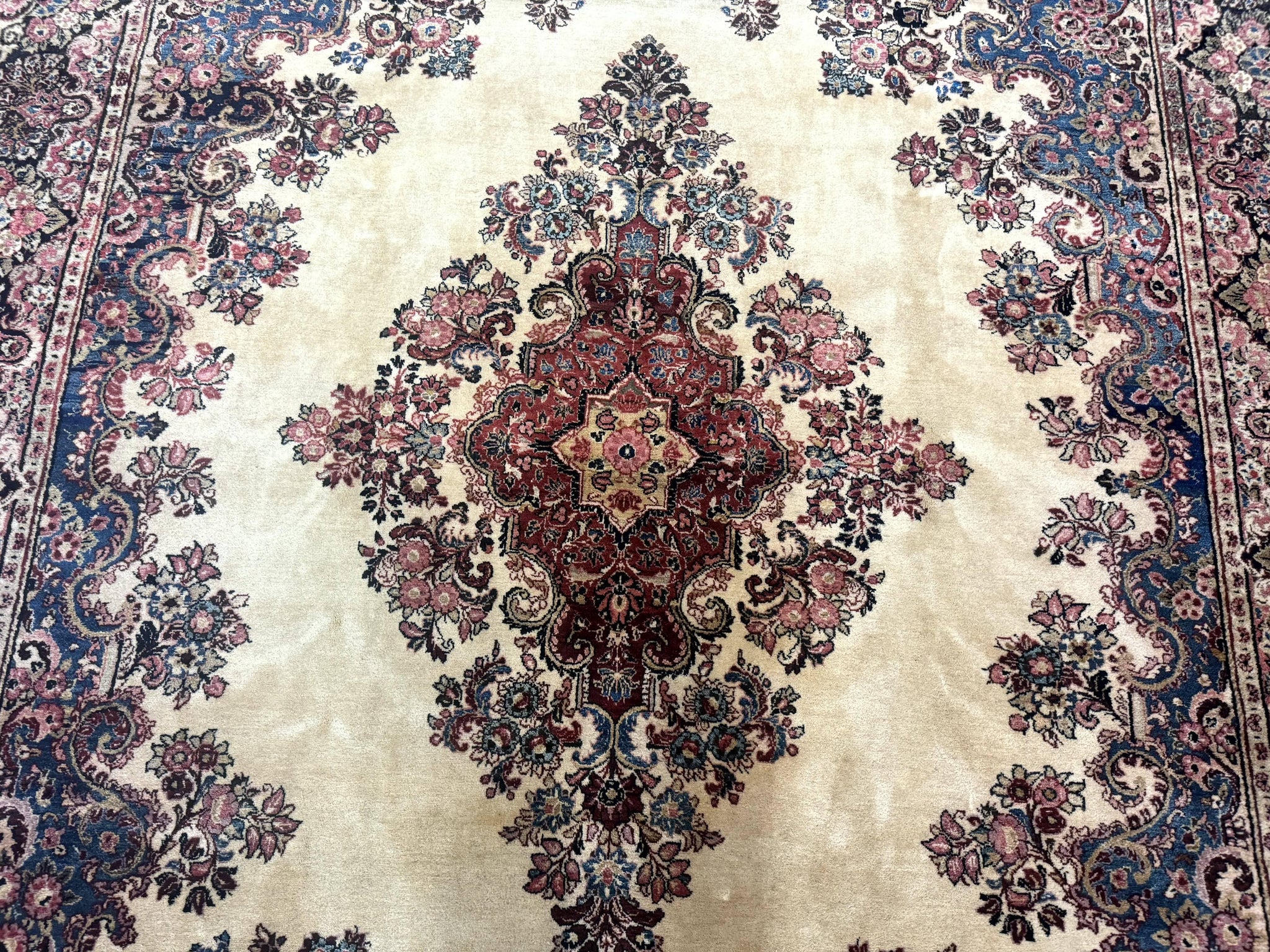 Persian Sarouk Rug 9x12, Ivory & Blue, Semi Open Field by Jewel Rugs