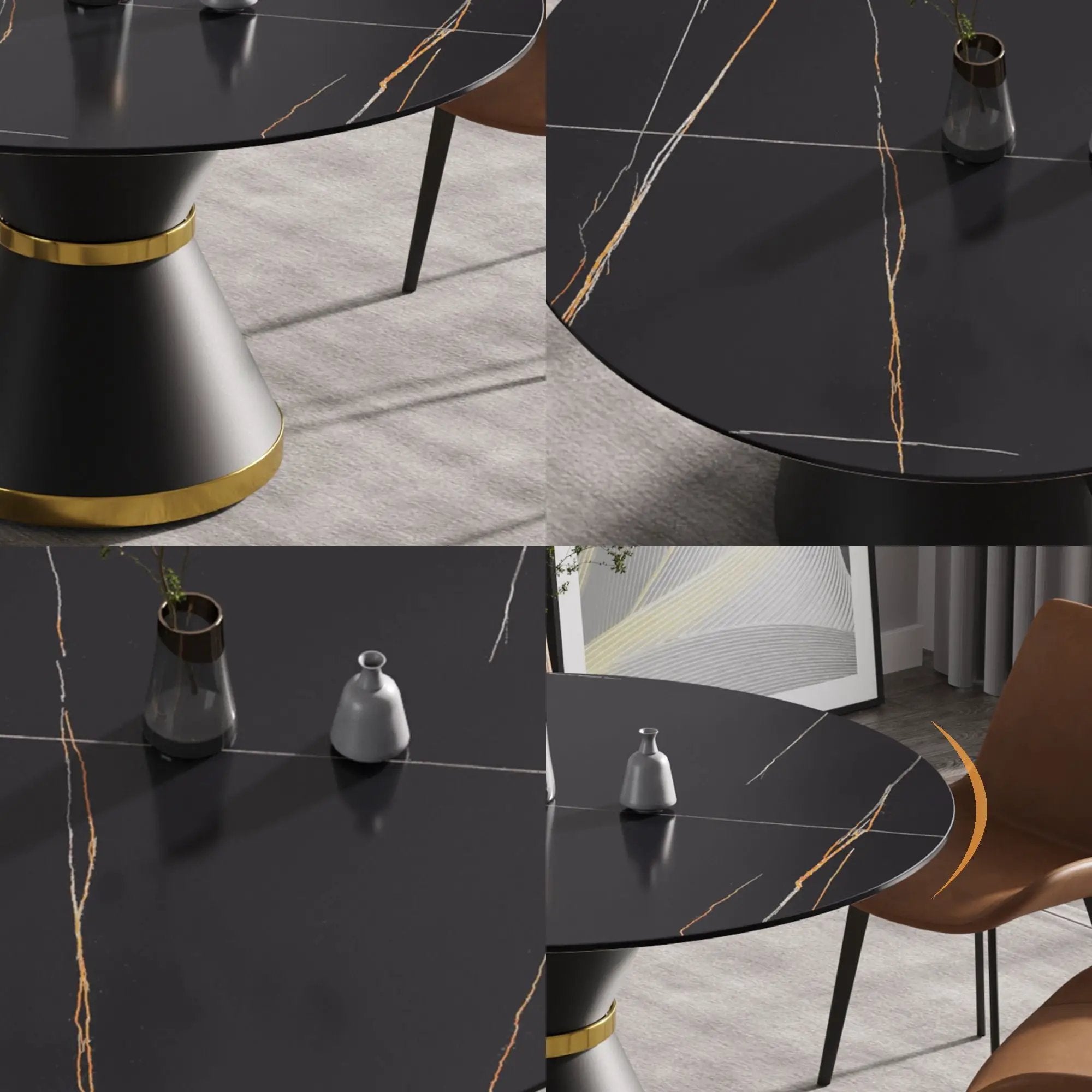 Round Modern Artificial Stone Carbon Steel Base Dining Table, Can Accommodate 6 People - Black by HouseOfZazla