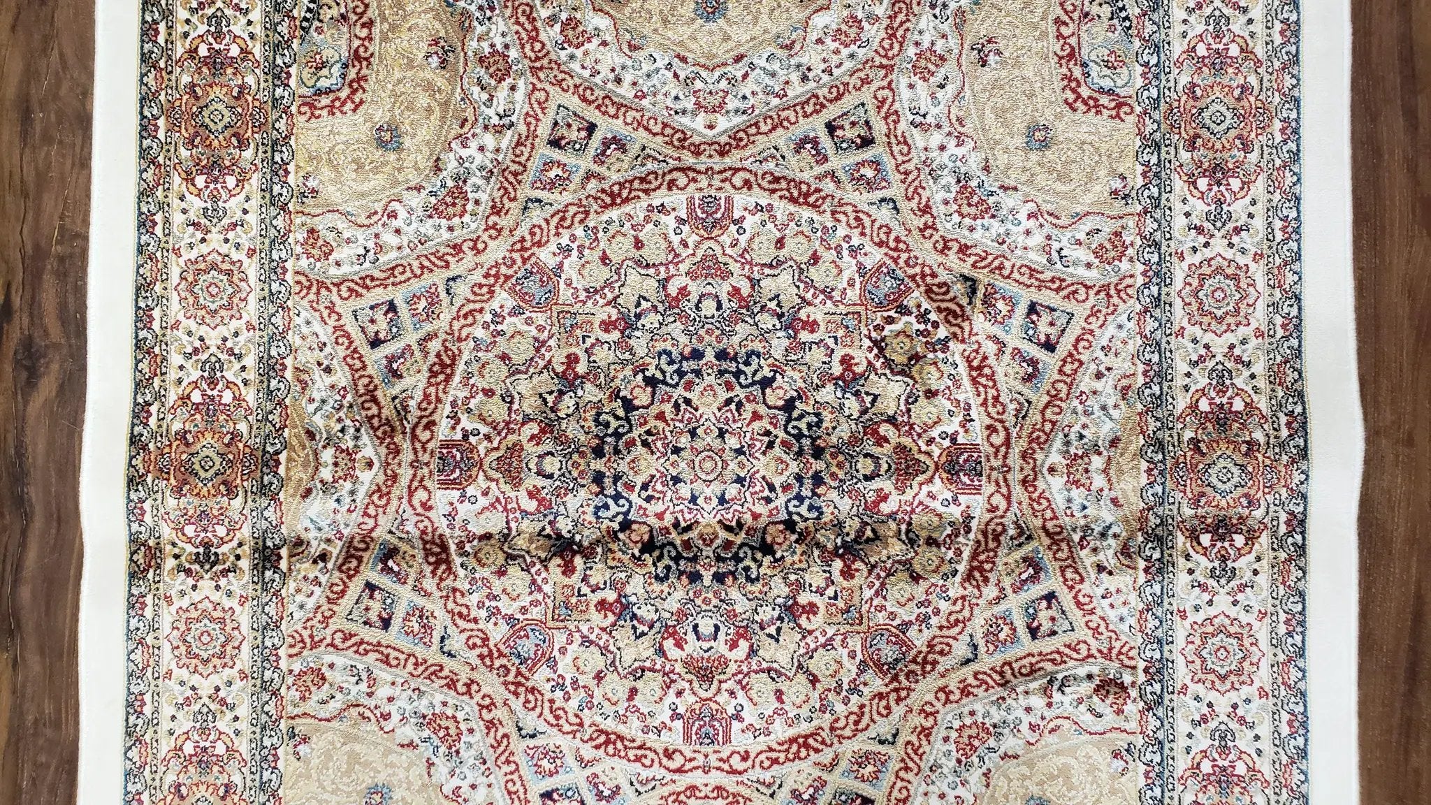 Persian Design Silk Accent Rug, Dome Medallion, Allover Pattern Oriental Carpet, Small Silk Rug, Cream, Ivory, Bamboo Silk, 2' 8" x 4' 1" by Jewel Rugs