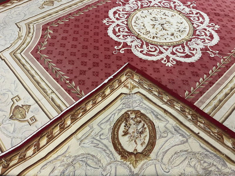 Aubusson Rug 9x12 ft, Red and Ivory Elegant Aubusson Carpet, Flatweave, Vintage Wool Handmade Area Rug 9 x 12, French European Design by Jewel Rugs