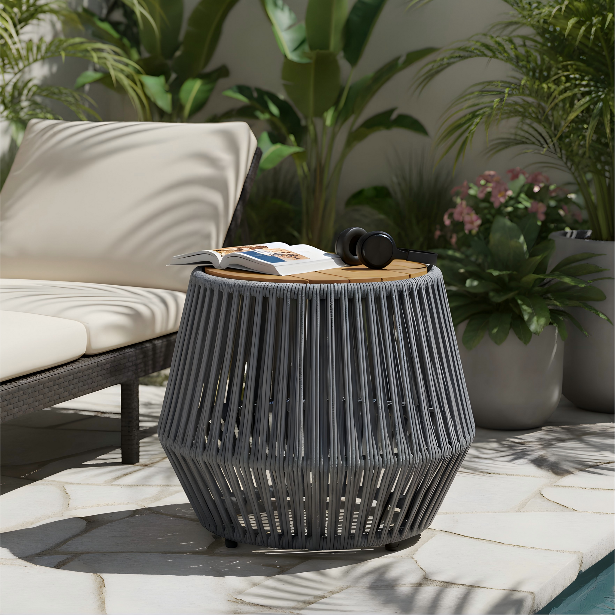 Acacia Wood Side Table with Grey Rope Design by HouseOfZazla