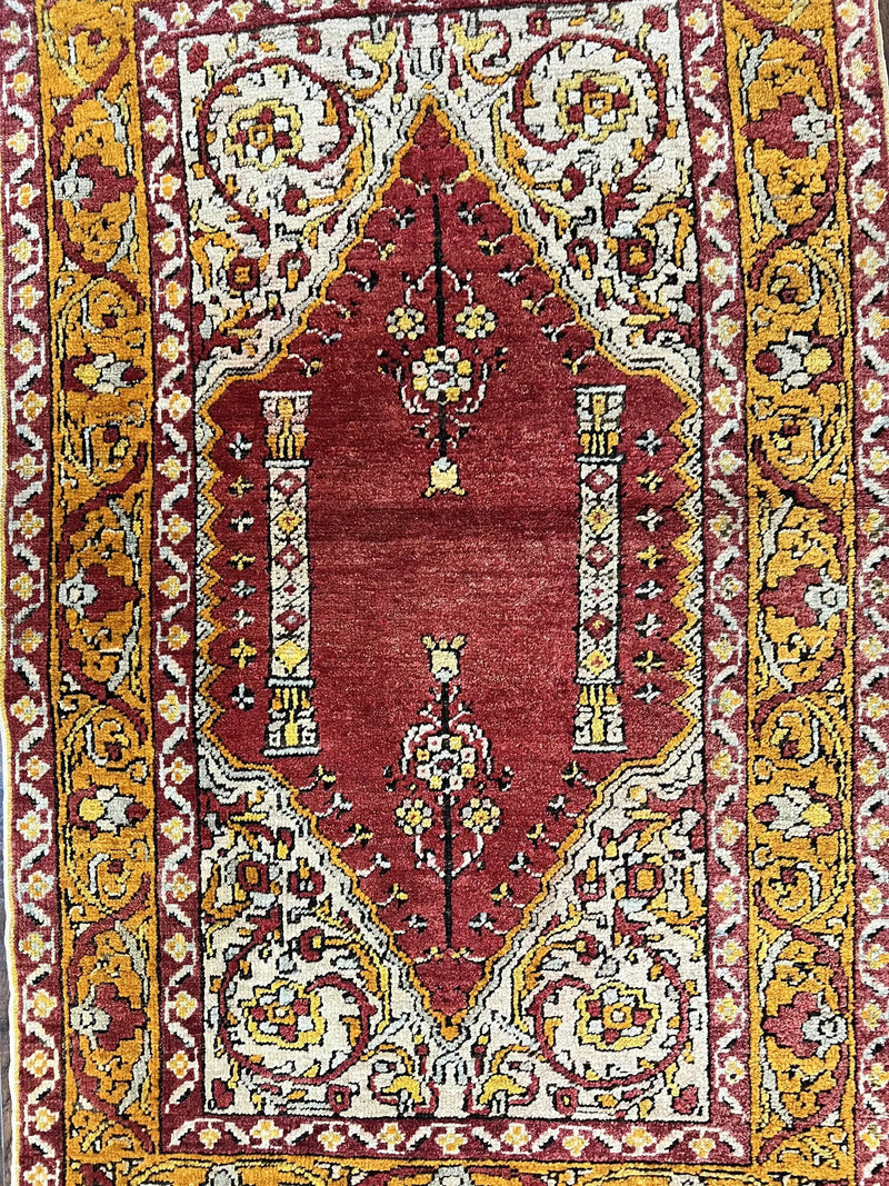 Antique Turkish Prayer Rug 3x5, Hand Knotted Turkish Melas Oushak Wool Carpet, Mehrab Rug, Orange & Red Vintage Rug 3 x 5 Collectible by Jewel Rugs