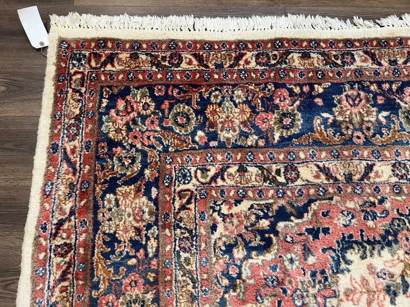 Persian Rug 9x10, Hamadan Rug, Antique Oriental Carpet, Wool Rug, Semi Open Field, Cream and Navy Blue, Kirman Design Hand Knotted Almost Square Rug by Jewel Rugs