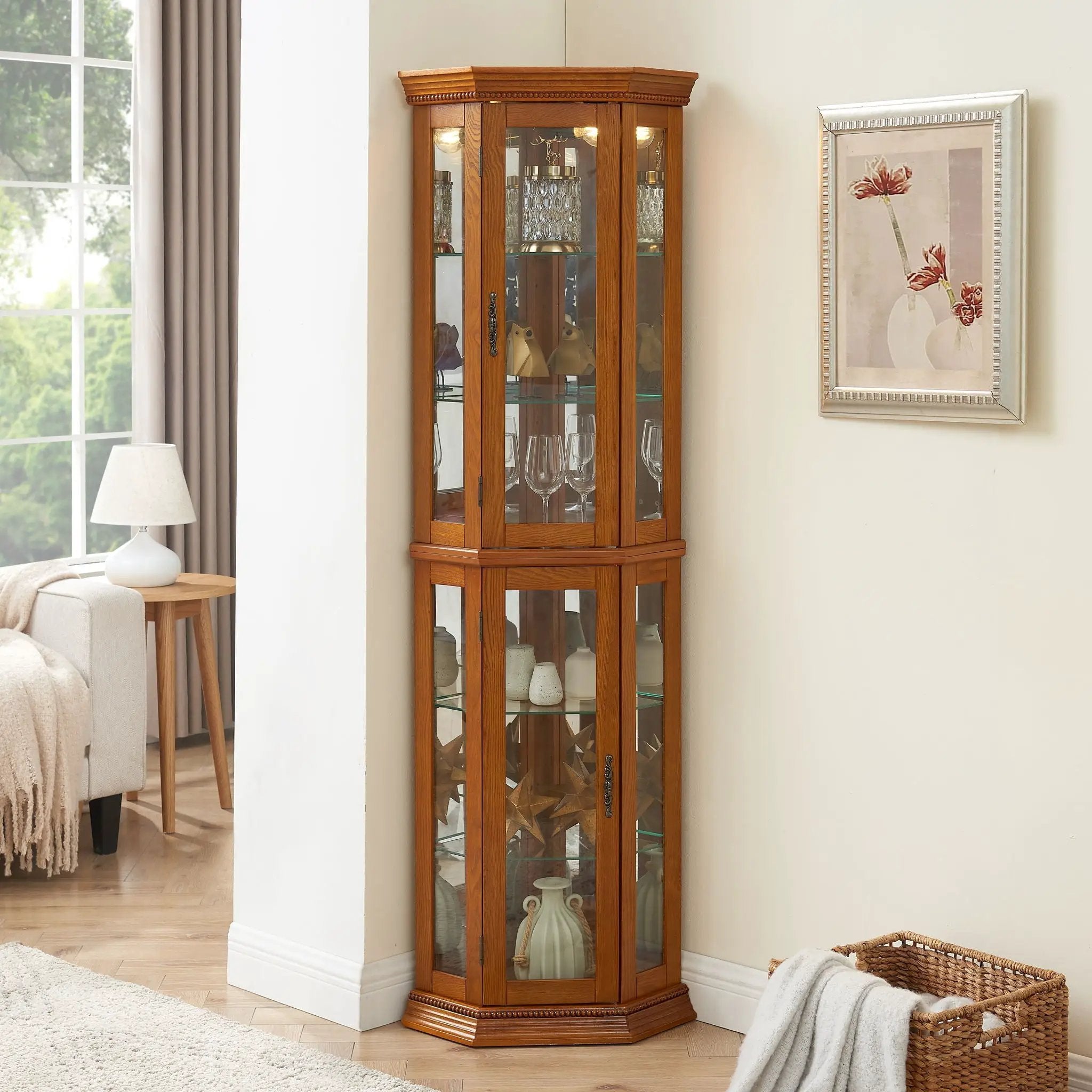 Corner Curio Cabinet With Lights, Adjustable Tempered Glass Shelves, Mirrored Back, Display Cabinet (E26 Light Bulb Not Included) by Unique Piece Furniture