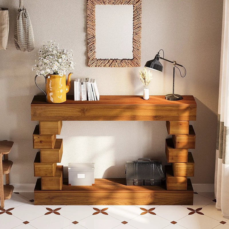 Geometric Block Stacked Wood Console Table by HouseOfZazla