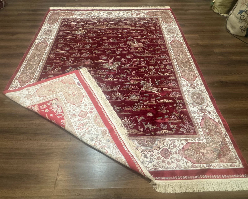 Turkish Silk Rug 8x10, Red & Ivory, Hunting Design, Bamboo Silk, New by Jewel Rugs
