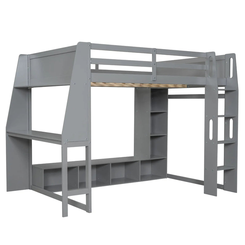 Gaming Loft Bed With Desk, Multi Storage Shelves, LED Lighting, And Hanging Clothes Rack by HouseOfZazla