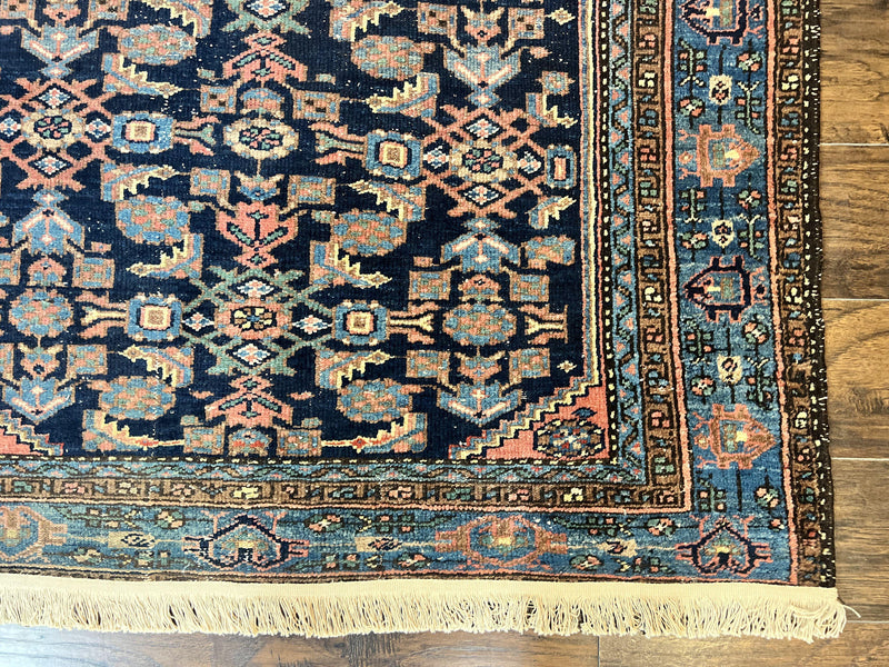 Antique Persian Tribal Rug 5x7, Navy Blue & Pink, Hand Knotted Handmade 1920s Wool Rug, Allover Pattern, Persian Hamadan Rug by Jewel Rugs