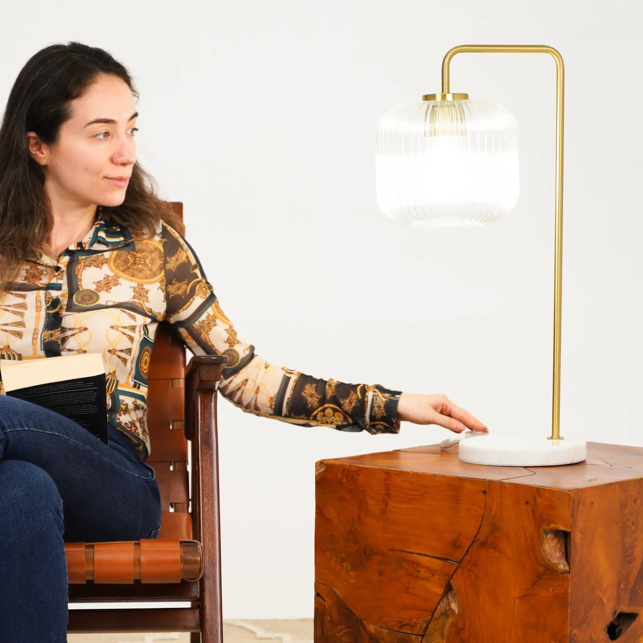 Haven - Clear Table Lamp, Button Control - Gold / White / White Marble by HouseOfZazla