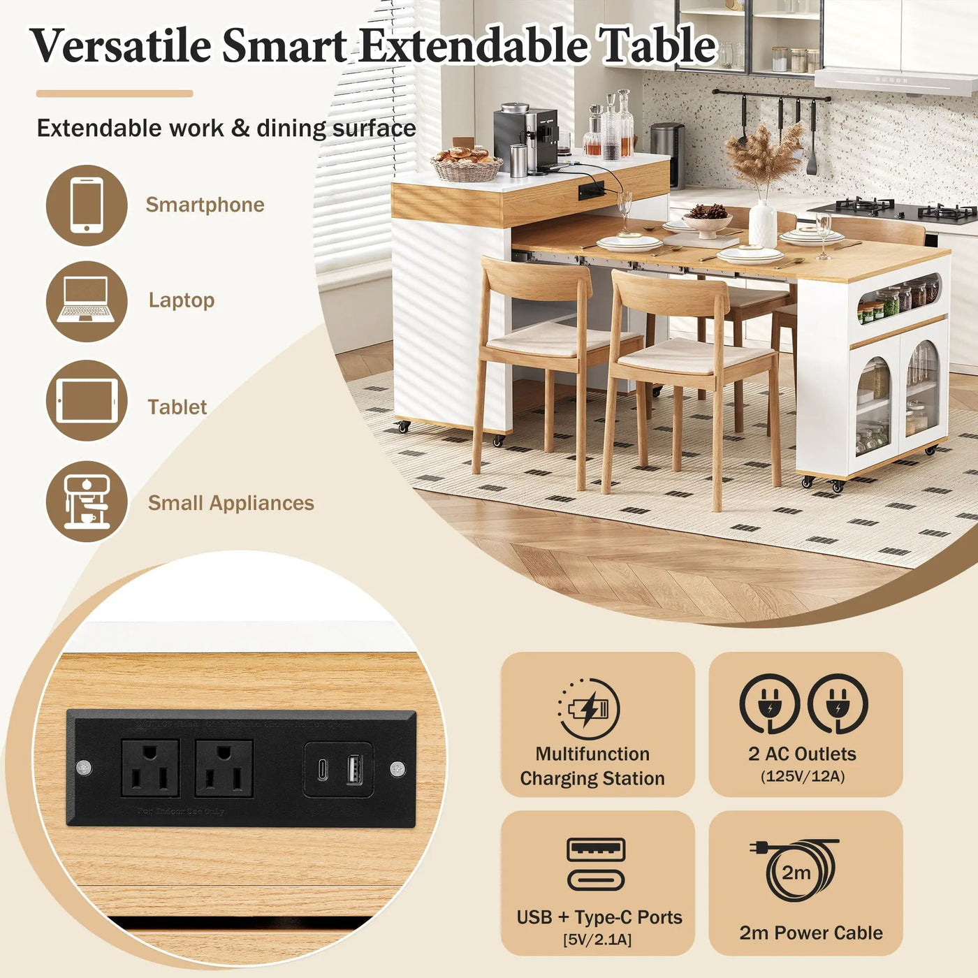 Extendable Dining Table With Folding Top, Rolling Kitchen Island With Drawers And Power Outlet by HouseOfZazla