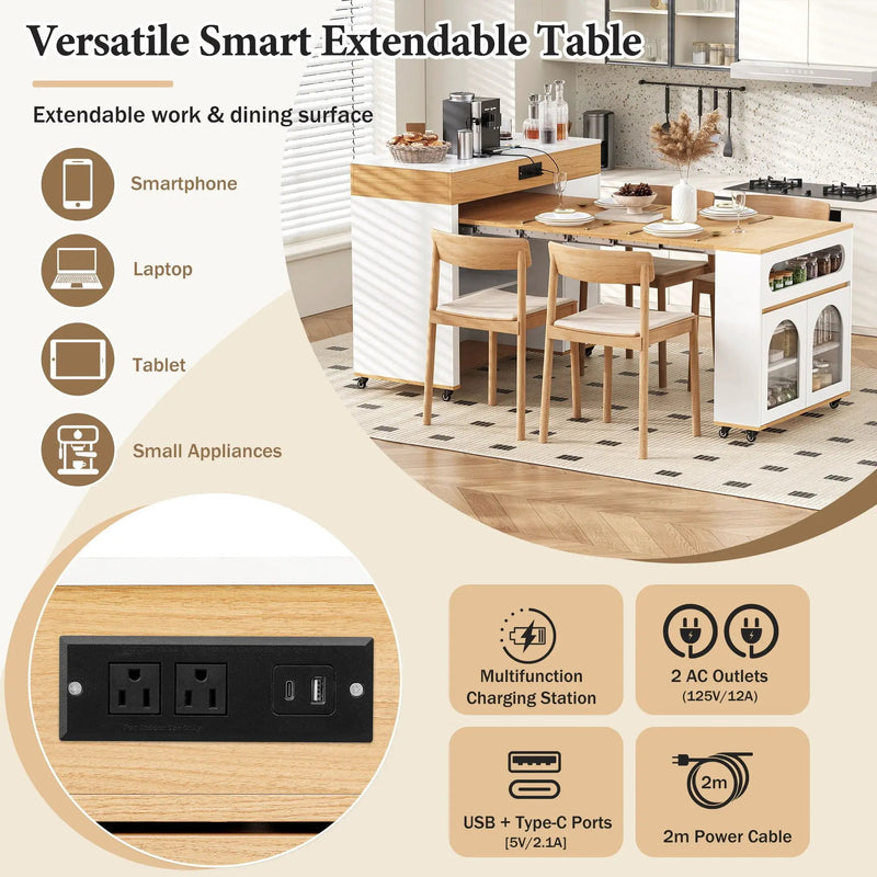 Extendable Dining Table With Folding Top, Rolling Kitchen Island With Drawers And Power Outlet