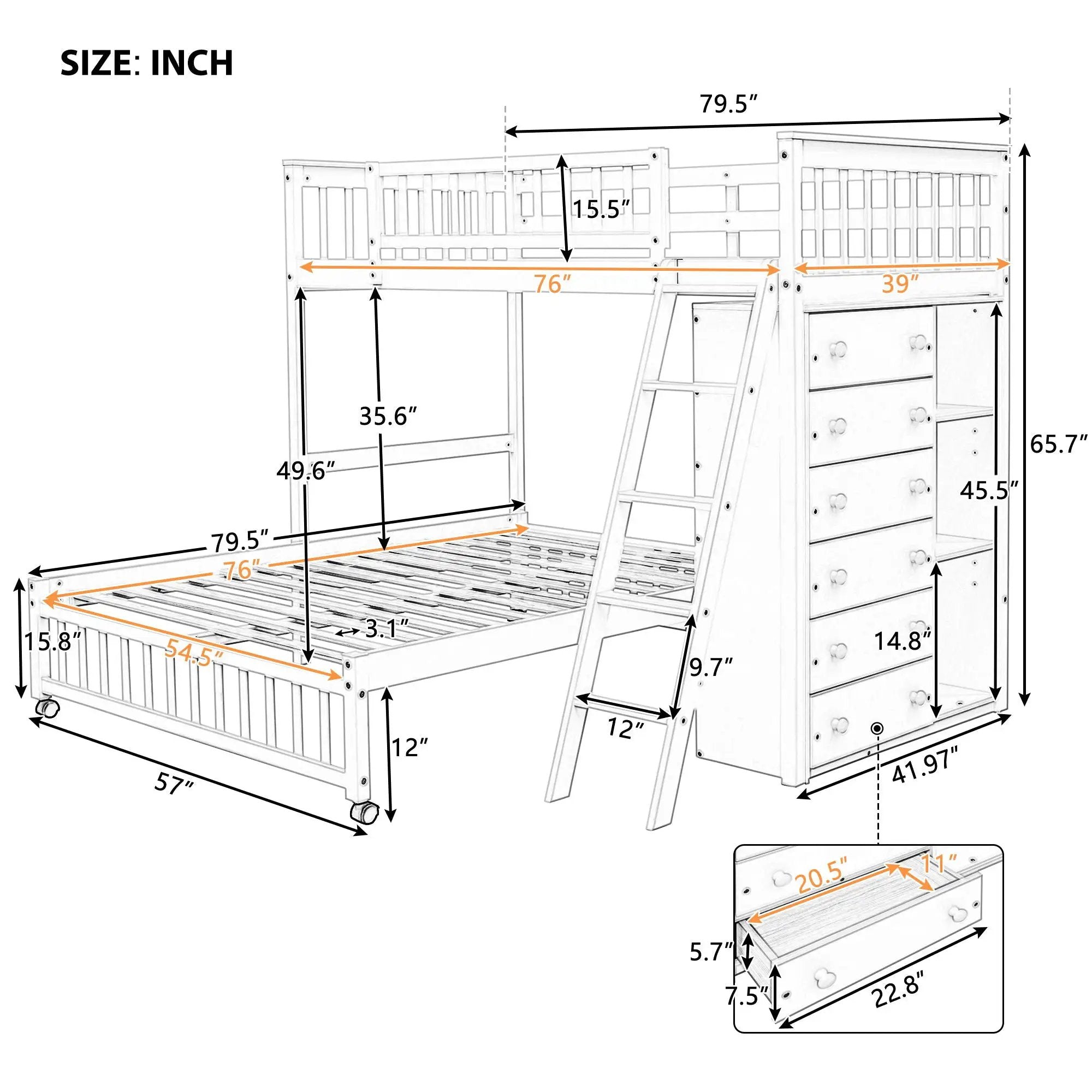 Bunk Bed With 6 Drawers And Flexible Shelves, Bottom Bed With Wheels by HouseOfZazla