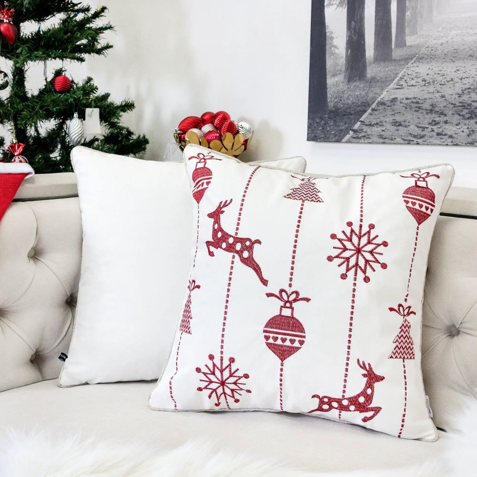 Christmas Throw Pillow With Embroidered Reindeer And Snowflakes - White by Unique Piece Furniture