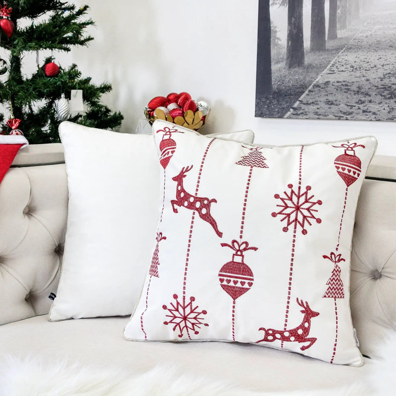 Christmas Throw Pillow With Embroidered Reindeer And Snowflakes - White by Unique Piece Furniture
