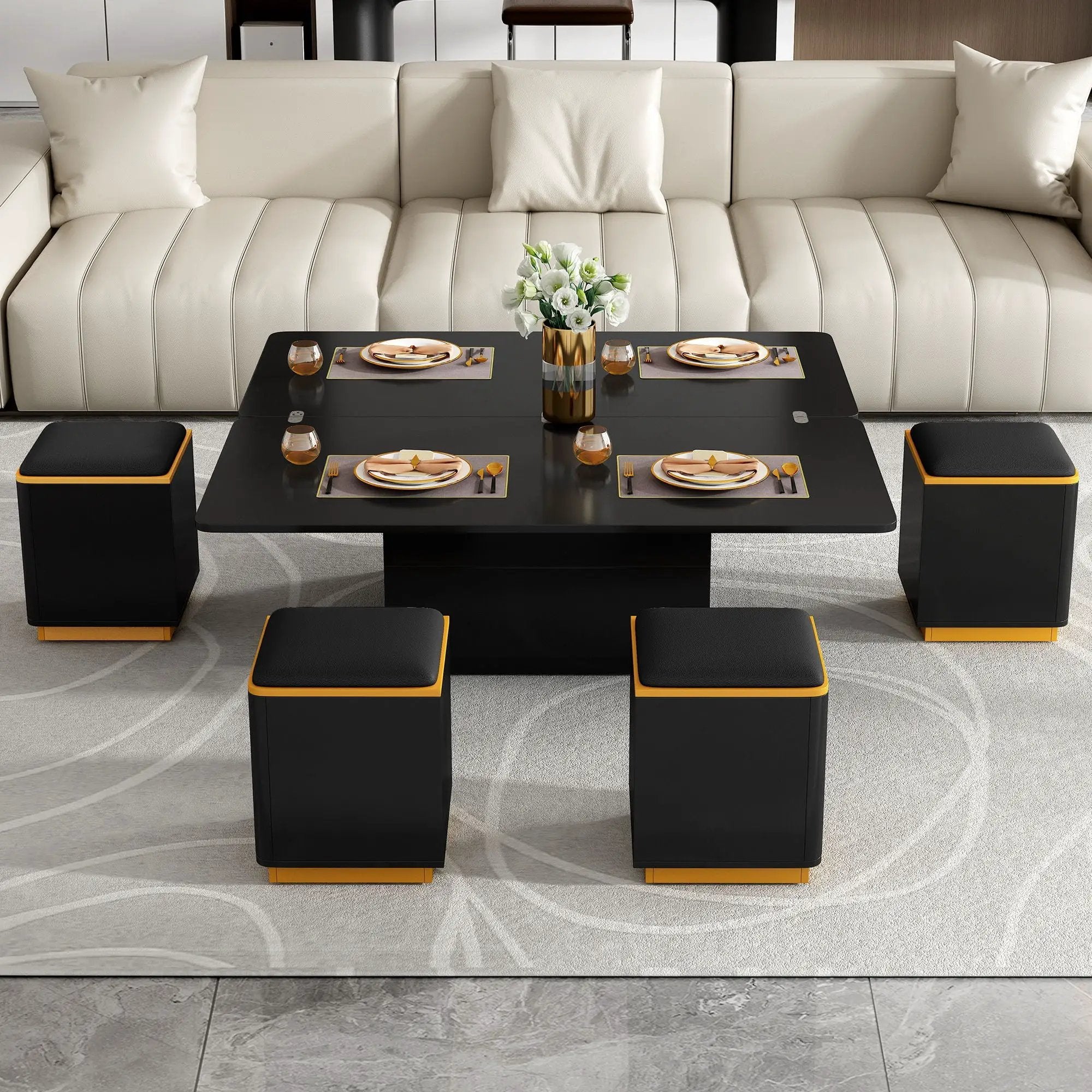 Lift Top Coffee Table With 4 Storage Stools by Unique Piece Furniture