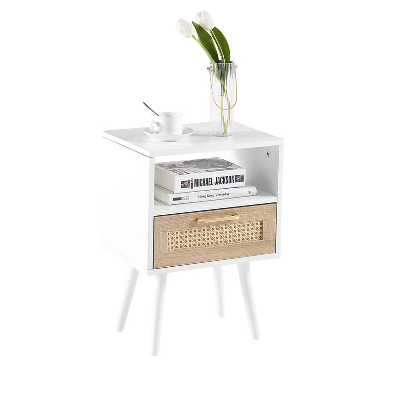 15.75" Rattan End Table With Drawer And Solid Wood Legs, Modern Nightstand, Side Table For Living Room, Bedroom by HouseOfZazla