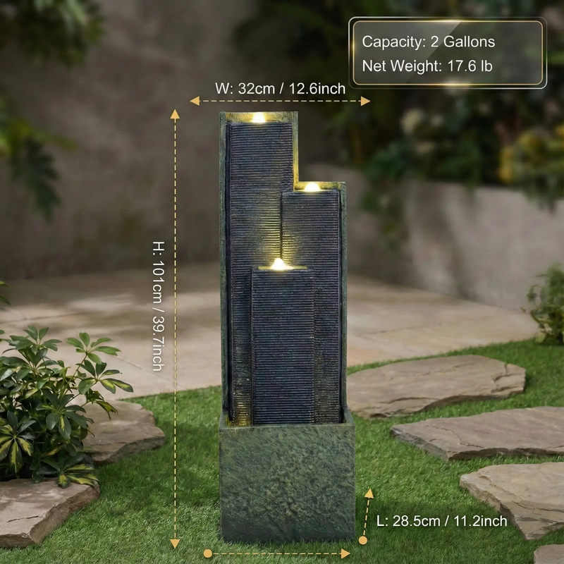 39" H Outdoor Water Fountain Modern Cascading Freestanding Fountain with LED Lights for Garden Patio Porch Lawn by HouseOfZazla
