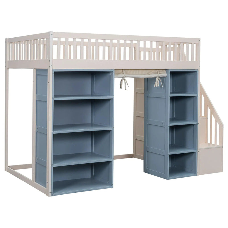 Full Size Loft Bed With 2 Four Layer Storage Cabinets And Curtain With Built In Staircase And Privacy Curtain - White by HouseOfZazla