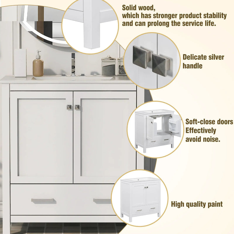 Bathroom Vanity With Single Sink, Combo Cabinet Undermount Sink, Bathroom Storage Cabinet With Two Doors And A Drawer, Soft Closing, Multifunctional Storage, Solid Wood Frame by HouseOfZazla