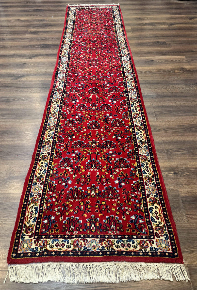 Indo Persian Sarouk Runner Rug 3 x 12, Red and Cream, Allover Pattern, 12ft Runner, Hand Knotted by Jewel Rugs