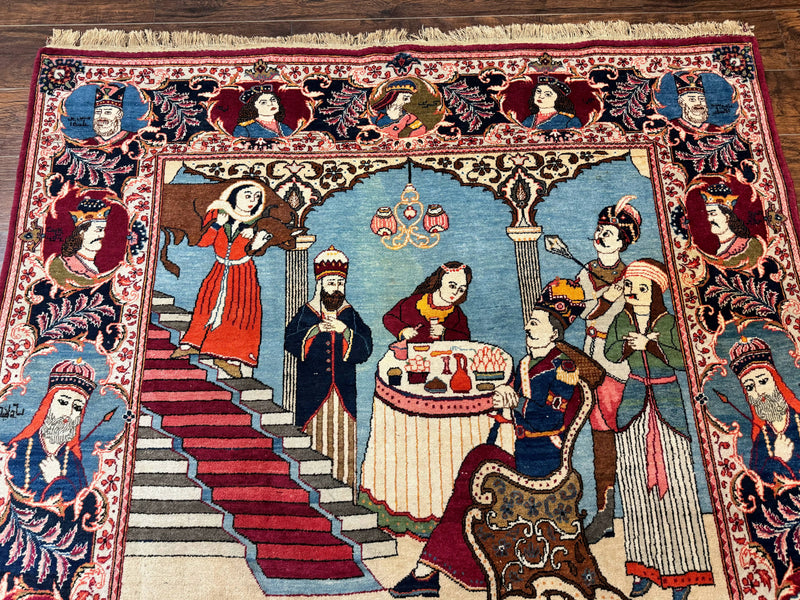 Rare Persian Kashan Pictorial Rug 6x9, King Bahram Hunting Scene, Persian Kings, Hand Knotted Persian Rug for Wall Hanging, Antique, Wool by Jewel Rugs