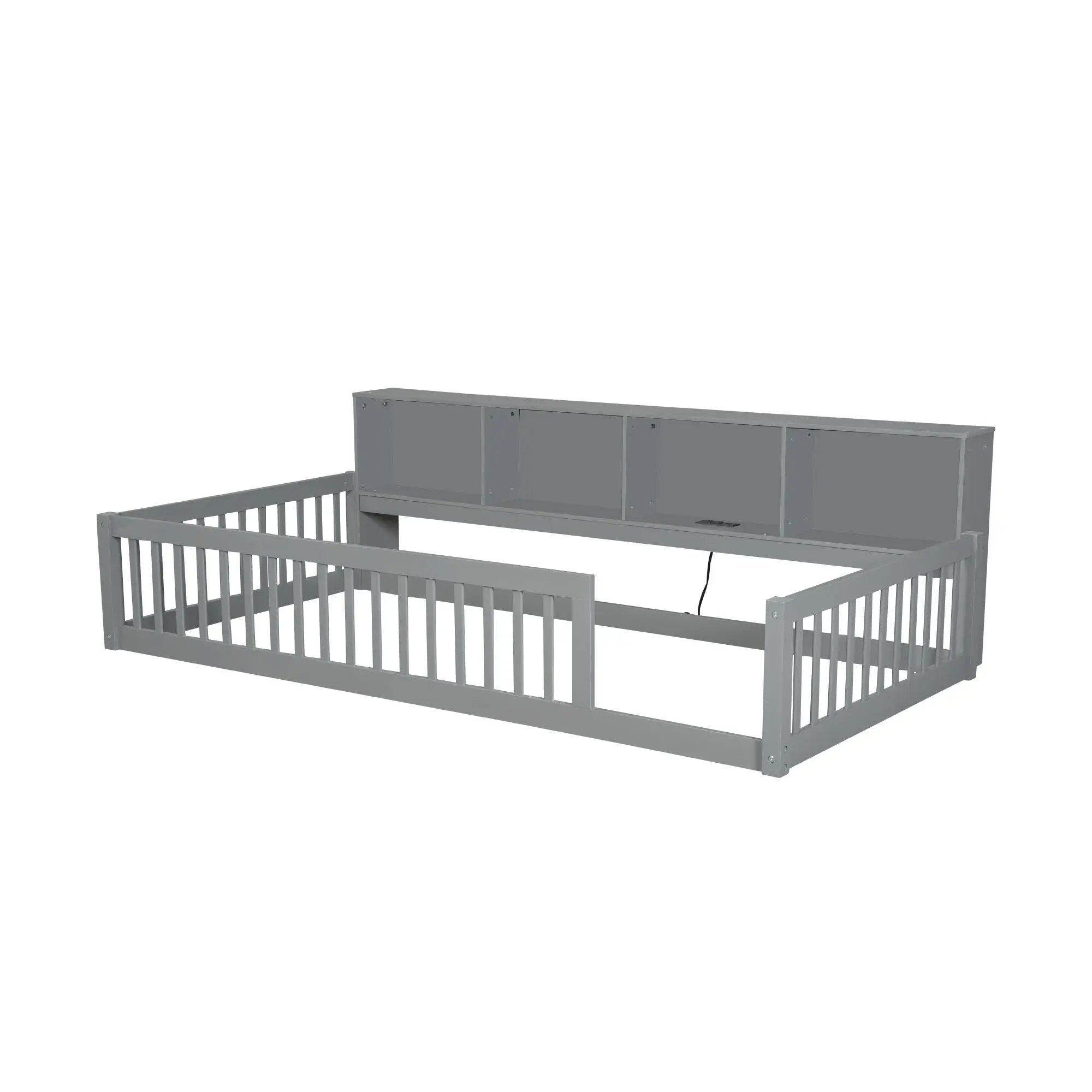 Twin Long Floor Bed With Storage Cabinets And USB Ports - Gray by Unique Piece Furniture
