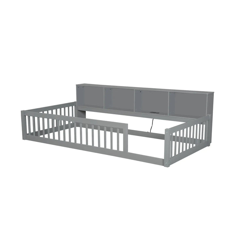 Twin Long Floor Bed With Storage Cabinets And USB Ports - Gray by Unique Piece Furniture