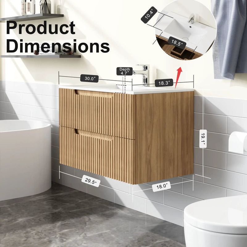30" Wall Mounted Bathroom Vanity With Sink, Soft Close System, And Spacious Drawers - Walnut by HouseOfZazla