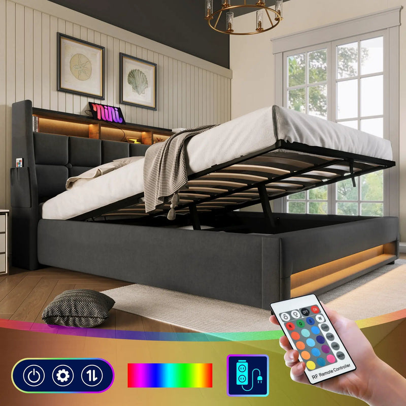 Upholstered Platform Bed With A Hydraulic Storage System, LED And USB Charging (Without Mattress) by Unique Piece Furniture